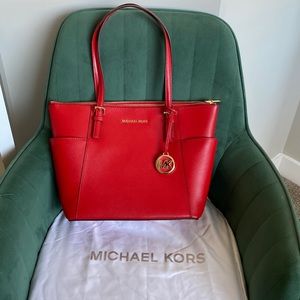 Michael Kors Jet Set East West Logo Charm Saffiano Leather Tote Bag